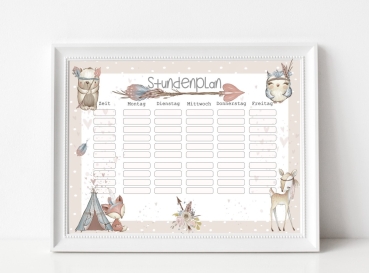 zuckersüßer Stundenplan, Indianer Waldtiere, personalisiert mit Deinem Wunschnamen, Print A4 Einschulung Klassenwechsel  von Lüttentüddel®
